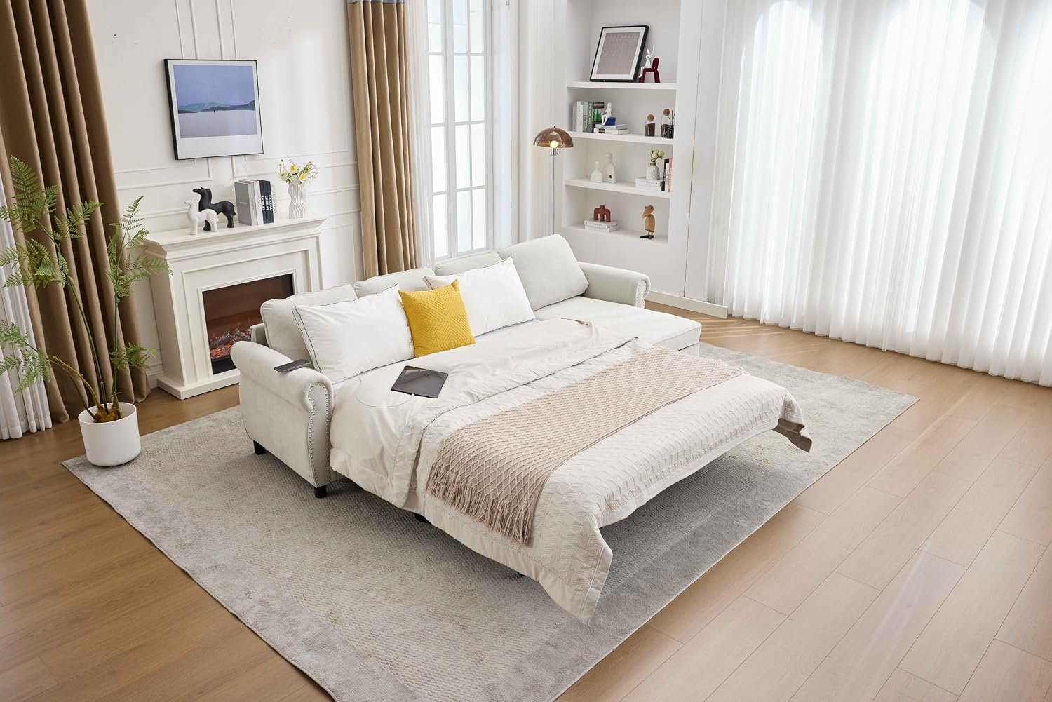 106.5'' Sectional Sofa Bed Full, Sleeper Sofa Bed, Flannel L-Shaped Couch with Mattress, Convertible Pull Out Couch, Wireless Charging, USB, Storage Chaise for Living Room, Small Space, Beige