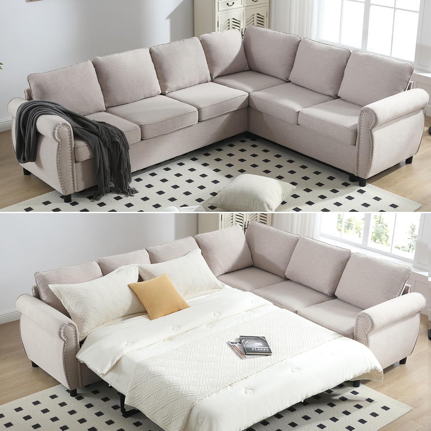 104'' Pull Out Couch, Convertible Sleeper Sofa Bed Queen, Upholstered Sectional Sofa with Mattress, 6-Seater L-Shaped Couch, Modern Sectional Couches for Living Room, Apartment, Studio, Beige