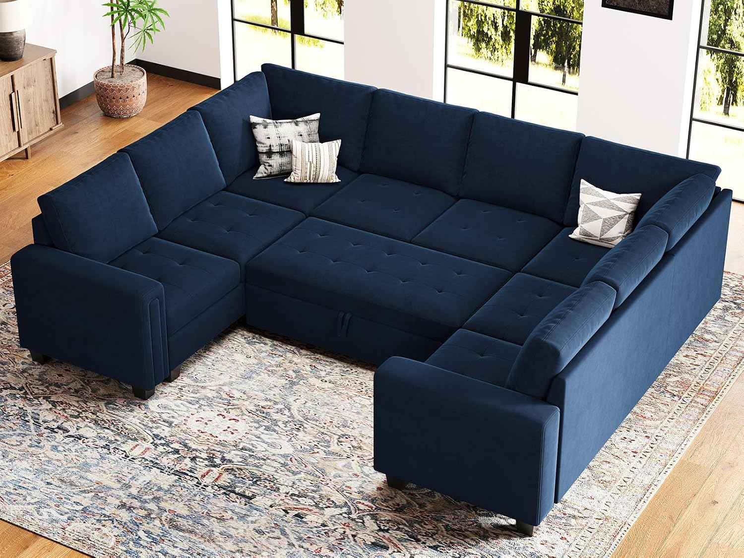 Belffin Modular U Shaped Sectional Sleeper Sofa with Pull Out Couch Bed Velvet Blue Couch
