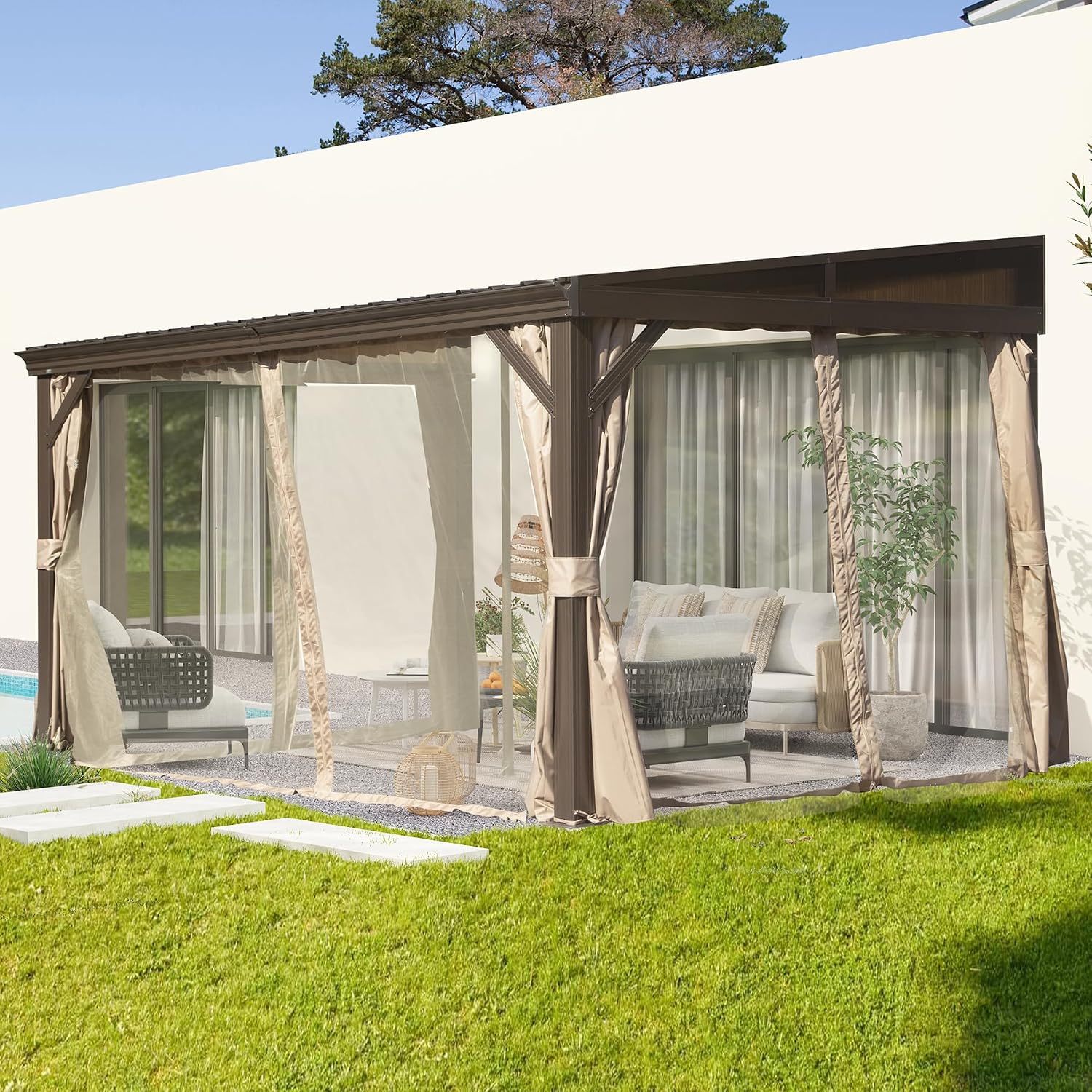 Domi 8' x 12' Lean to Gazebo with Aluminum Frame, Wall Mounted Gazebo Hardtop Galvanized Steel Sloping Roof with Curtains and Netting for Patio Deck Backyard Lawn Party