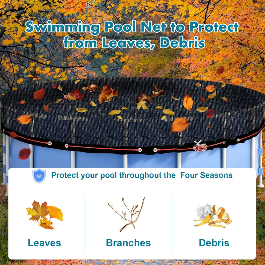 33.5FT Leaf Net Pool Cover for 30 Ft Round Above Ground, Durable Black Mesh Swimming Pool Leaf Net Cover with Winch and Cable for Leaves and Debris, Tear Resistant, UV Resistant, and Reatherproof