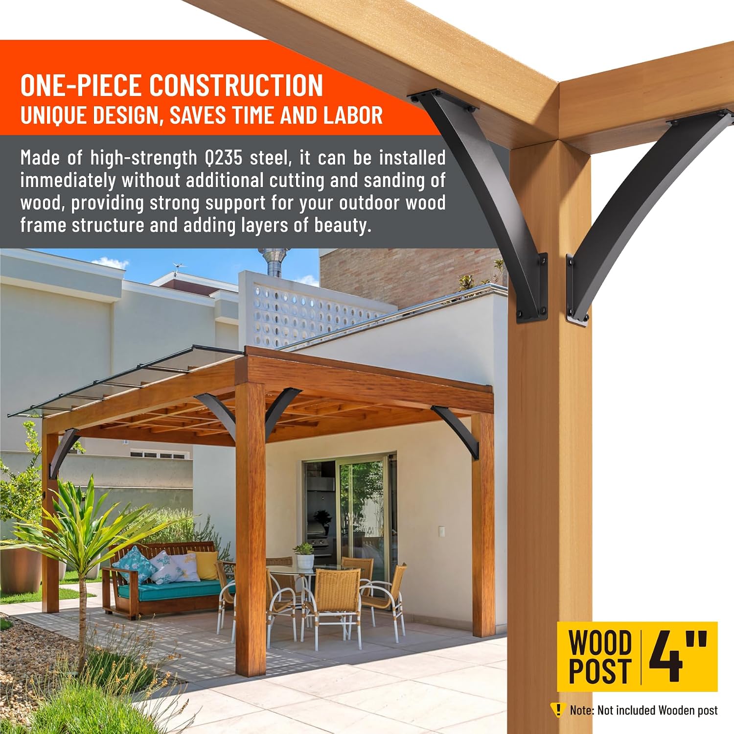 Q235-Steel Integrated Arc 2''x4''(Actual Tube Dia: 1.5''x 3.2'') 45 Degree Angle Support Pergola Brackets Heavy Duty 8Pack