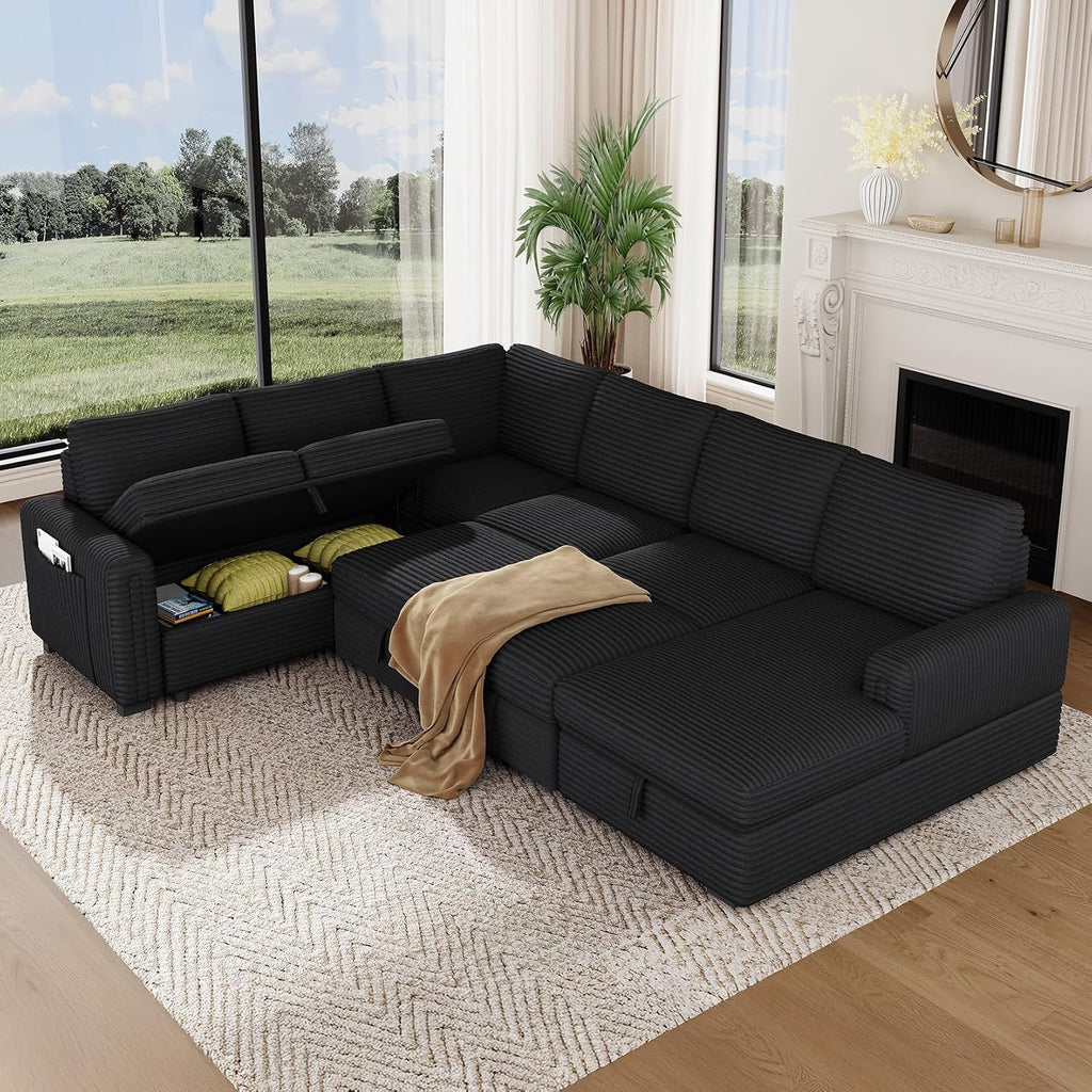 Vesgantti 113.6' Modular Sectional Sofa with Pull Out Couch Bed, 7 Seater U Shaped Sleeper Sofa with Storage Chaise, Corduroy Sectional Couch for Living Room, Bedroom, Apartment, Black