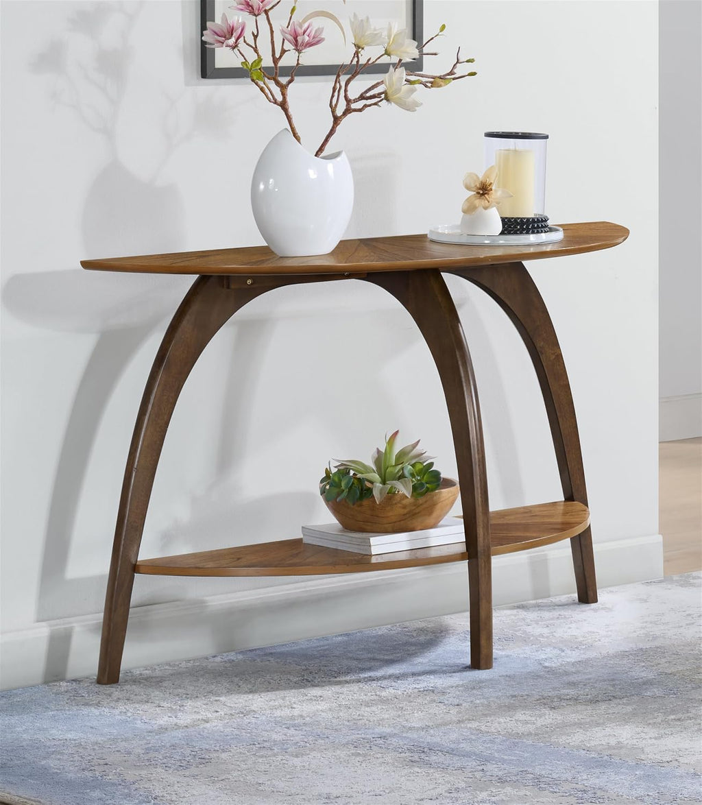 Retro Mid-Century Modern Half-Moon Wood Sofa Table with Lower Shelf, Console Table for Living Room or Entryway. Nutmeg Brown Top with Espresso Brown Legs