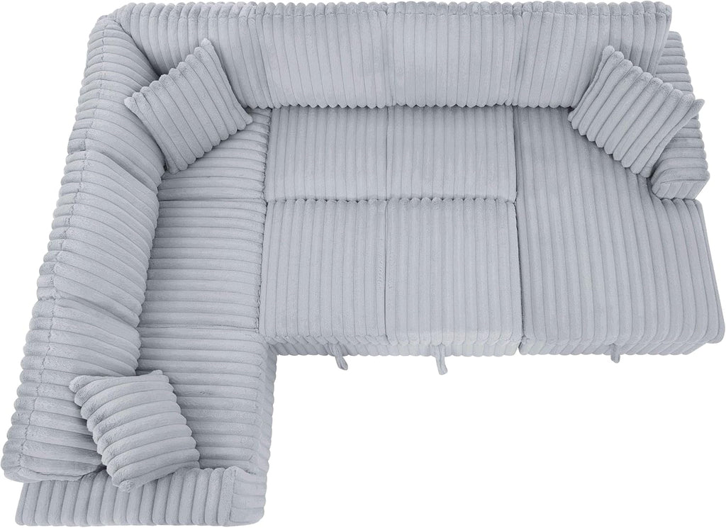 DEINPPA 122 Inch Sleeper Sofa Couch with Pullout Bed, Chunky Furry Corduroy Sectional Sofa with Storage Chaise and Charging Ports, Large Sectional Couches for Living Room-Grey