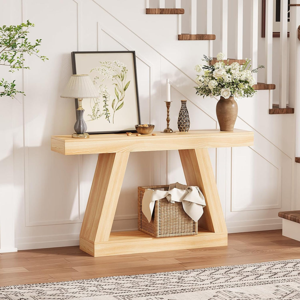 55 Inches Console Table, Sofa Table Behind Couch, 2-Tier Wooden Entry Tables for Entryway Foyer Hallway, Industrial Console Tables with Open Storage Shelf for Living Room