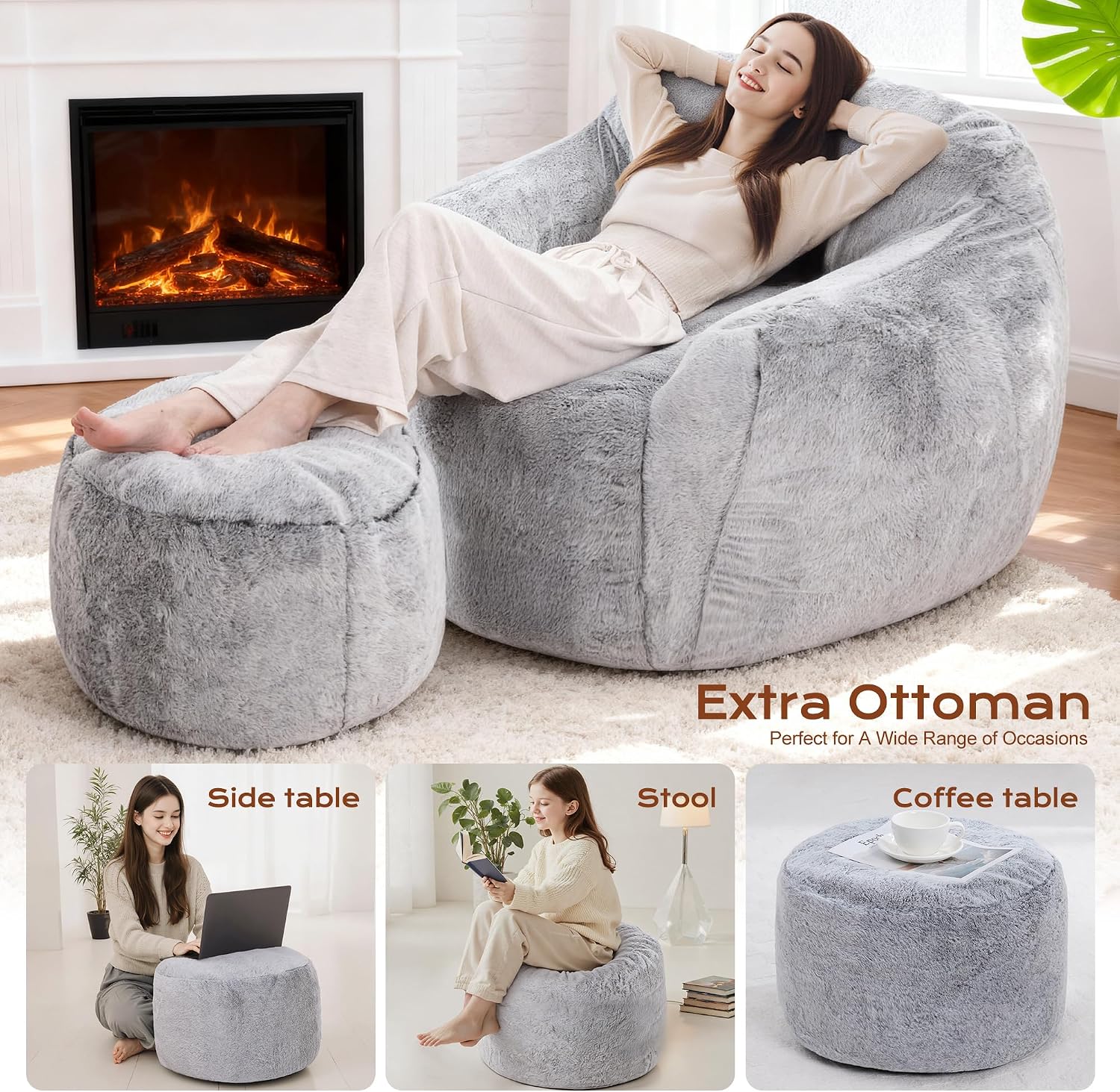 Giant Bean Bag Chair for Adults, Large Memory Foam BeanBag Chairs, Oversized Bean Bag Sofa with Filler, Faux Fur Big Reading Chair Comfy Floor Sofa Chair (Light Grey, Single with Ottoman)