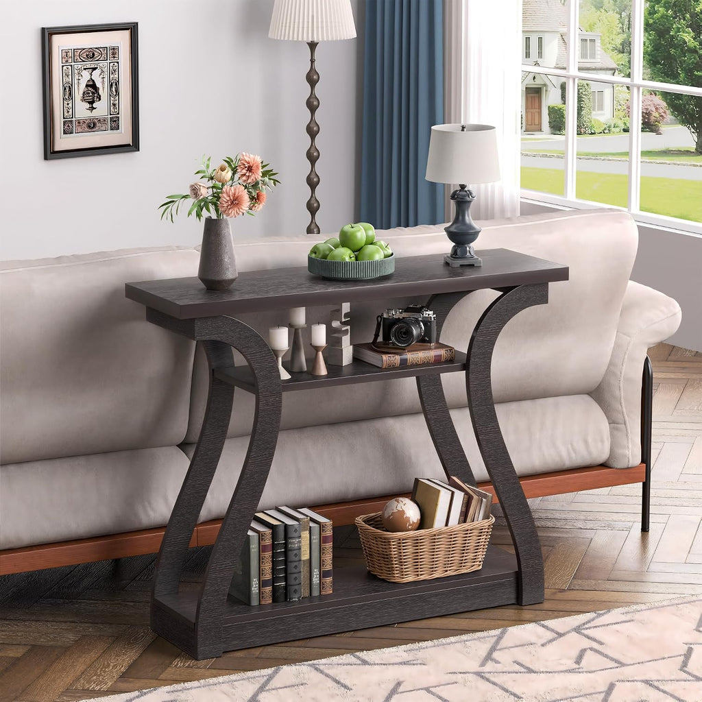 47' Wood Console Table for Entryway, Narrow Sofa Table with 3-Tier Shelves, Curved Legs Farmhouse Hallway Table, Skinny Console Table Behind Couch, Rustic Wooden Entry Table for Living Room (Brown)
