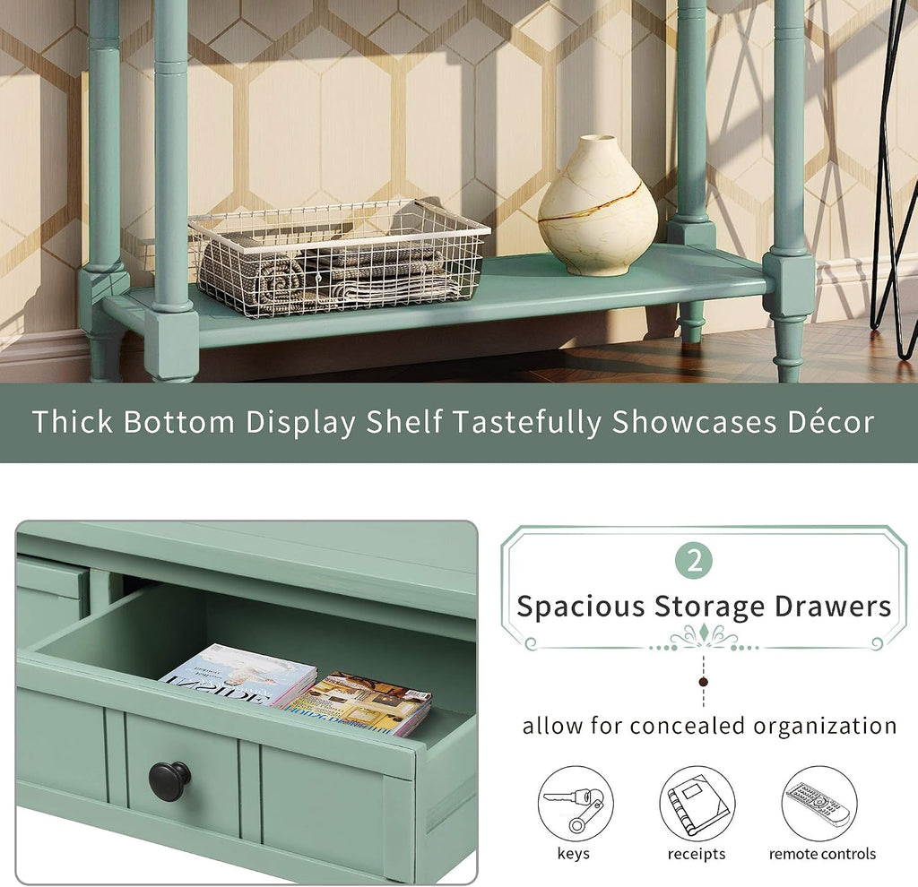 Knocbel Antique Entry Console Table with Drawers & Bottom Open Shelf, Wood Sofa Tables for Entryway Hallway Living Room, 35.43' W x 13.8' D x 30.25' H, Retro Blue