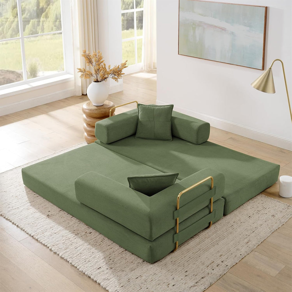 Modular Couch Bed, Convertible Folding Plush Corduroy Comfy Floor Memory Foam Compression Loveseat Sleeper Sofa Couch, King Size Bed for Guest Room Living Room Bedroom, No Assembly, Olive Green