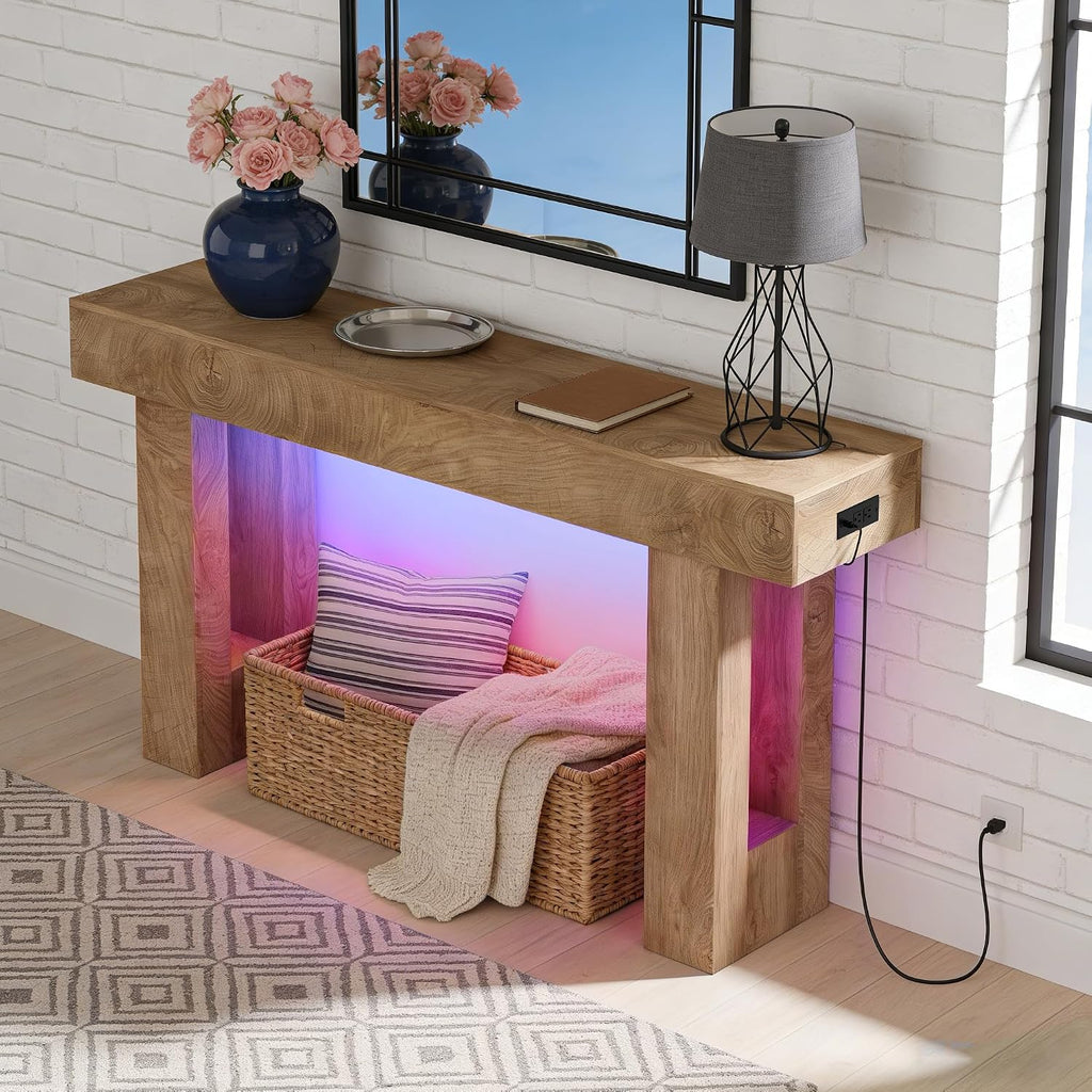 63-Inch Long Console Table with Colorful LED Lights, Wooden Rectangular Sofa Table with Charging Station & 6-Color Multi-Functional Light, Accent Tables for Hallway, Entrance, Foyer