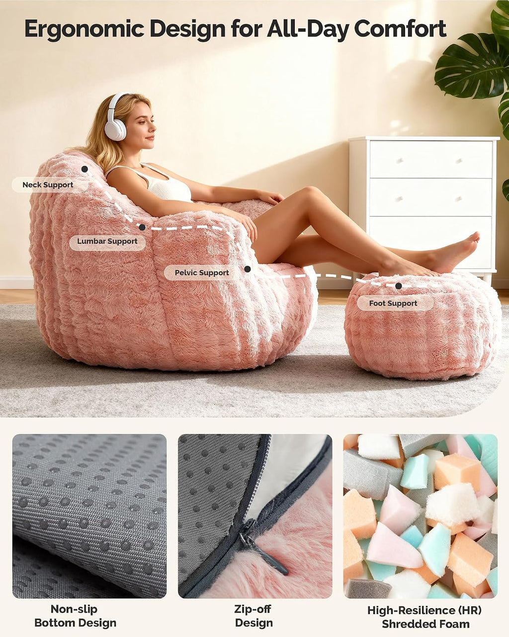 KINGYES Giant Bean Bag Chair with Ottoman, 3 in 1 Bean Bag Couch with Memory Foam Filler,Gaming Chair for Adults, Bean Bag for Kids & Teen, Pink