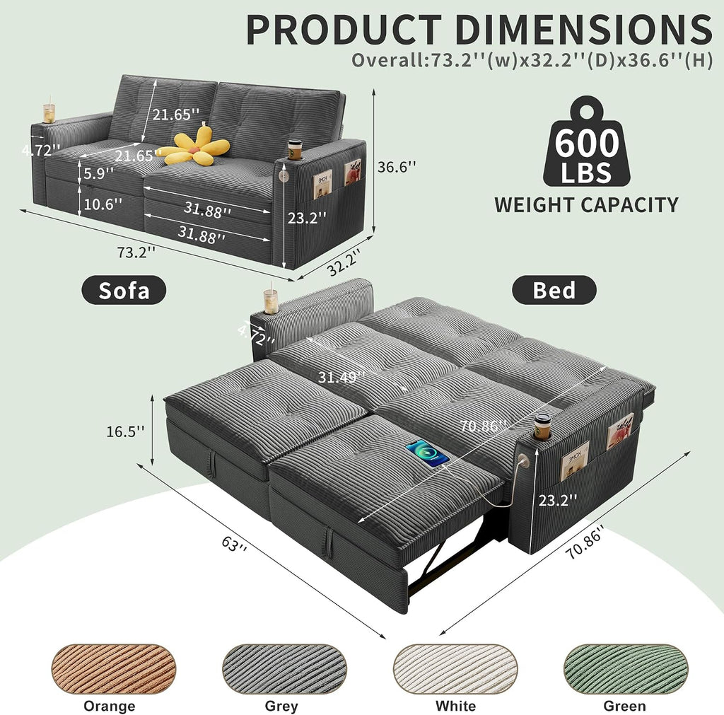 73' Queen Size Sofa Bed, Loveseat Sleeper Sofa with Pull Out Bed, Pockets and USB, Modern 2 Seater Convertible Small Couch for Living Room Bedroom Apartment (Gray, Corduroy)