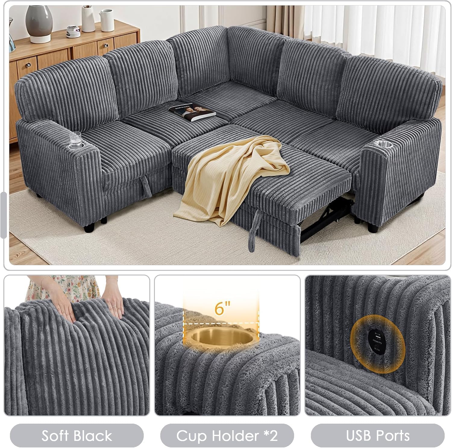 81' Modular Sectional Sofa, L Shaped 5-Seater Sleeper Sofa with Pull Out Bed, Hidden Storage, Cup Holders & USB Charging Ports, Sectional Couches for Living Room, Corduroy, Grey