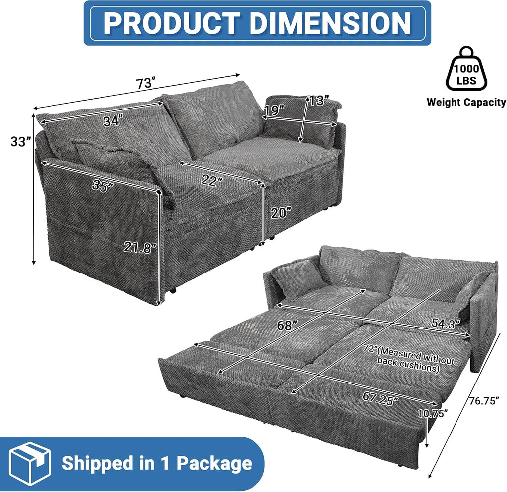 73' Sleeper Sofa Bed, 3-in-1 Pull Out Couch with USB/Type-C Charging & Side Pockets, Convertible Corduroy Loveseat Chaise Lounge, Space-Saving Sofa for Living Room, Grey