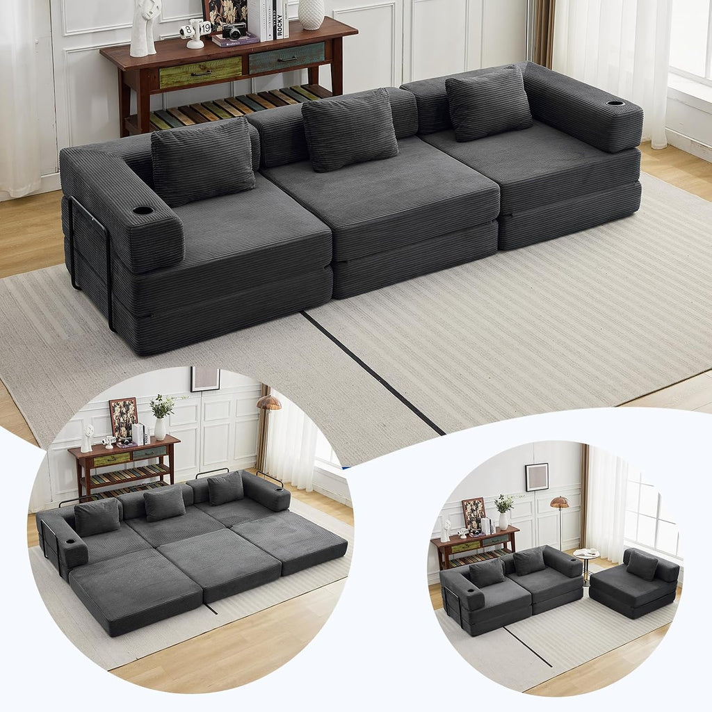 118' Oversized Convertible Floor Sofa Bed, Boneless Foldable Mattress Cloud Couch with Pillow Back & Armrest, Fold Out Floor Couch with Cup Holder for Living Room Bedroom Lounge, Corduroy, Dark Grey