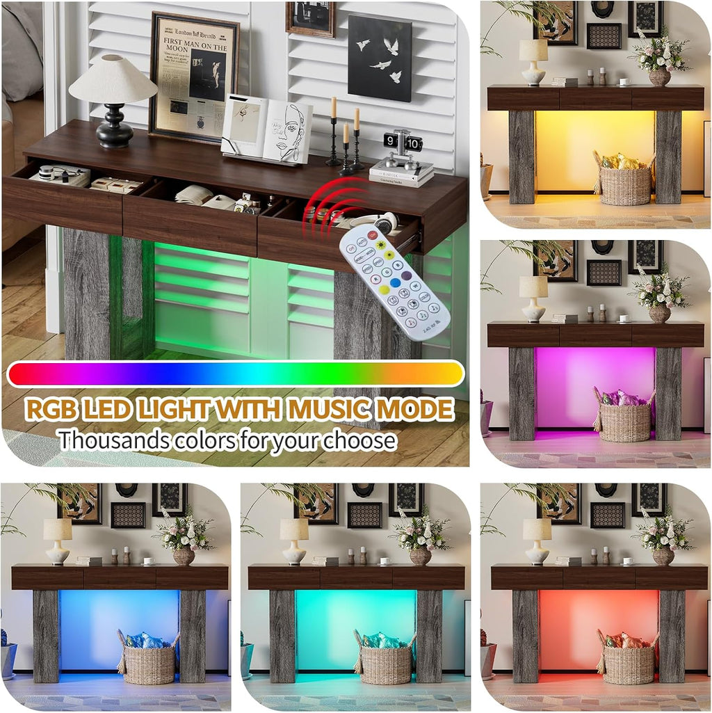 PAKASEPT 63-Inch Long Console Table with Colorful LED Lights and 3 Drawers, Farmhouse Sofa Table with Storage, Wooden Entryway Table for Hallway, Living Room, Foyer, Vintage Brown