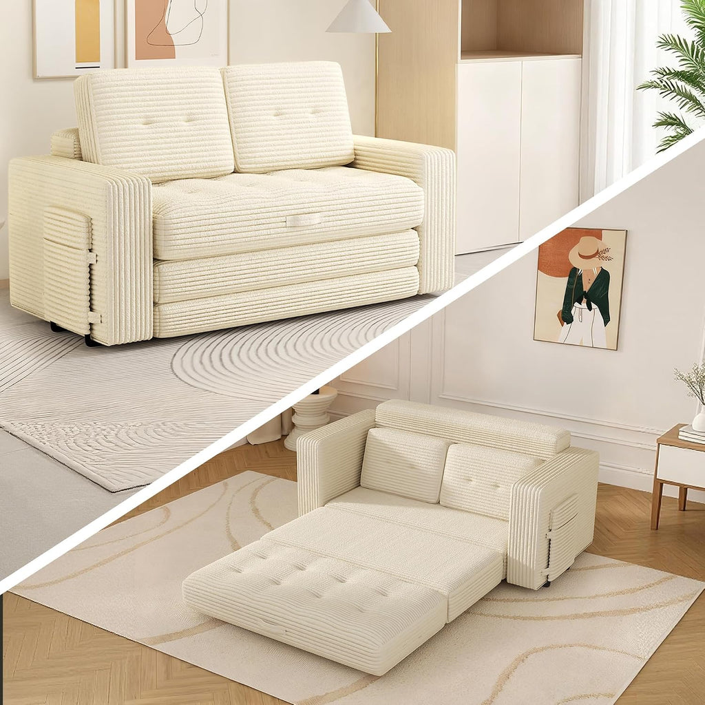 2 in 1 Convertible Sofa Bed, Pull Out Loveseat Boneless Couch, Sleeper Sofabed, Folding Couch Bed with Pillow for Living Room Bedroom, Beige (Slightly Yellow)