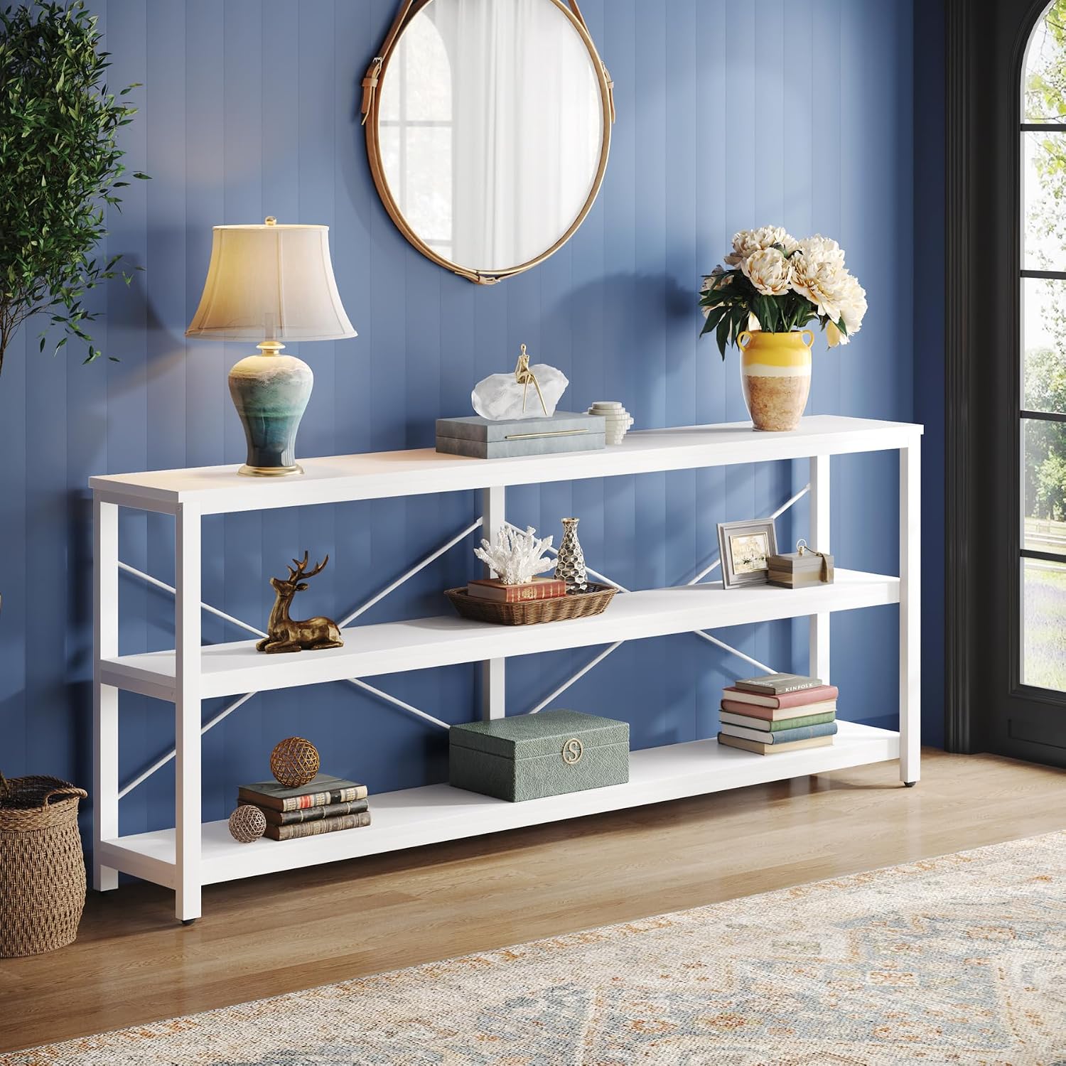 Tribesigns 70.9-Inch Extra Long Console Table, 3-Tier Industrial Sofa Table with Metal Frame, Modern Behind Couch Table with Storage Shelves for Living Room Entryway Hallway Foyer (White)