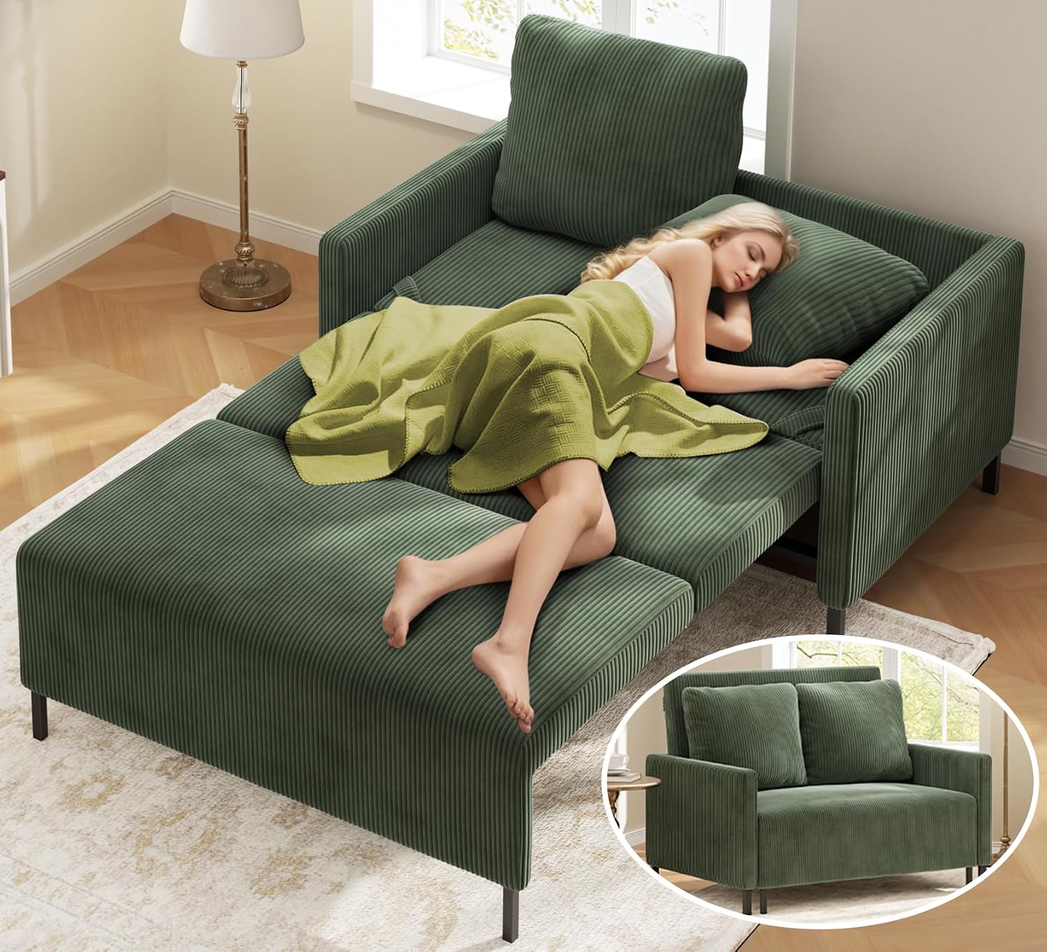 Corduroy Convertible Sofa Bed, 47' Loveseat Sleeper Sofa, Pull out Couch 618lb Capacity, Modern Sleeper Couch Bed 2 Fluffy Pillow Include, Small Couches for Small Spaces/Apartment/Office, Forest Green