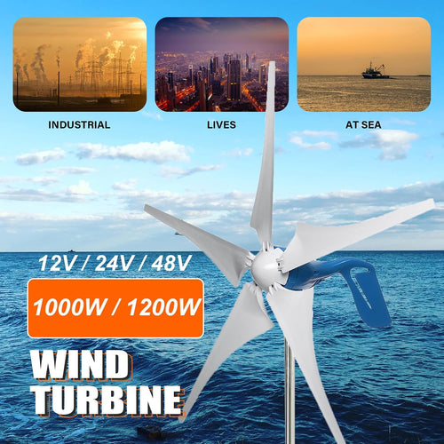 1000W / 1200W Wind Turbine Generator Kit 12V / 24V / 48V Wind Power Generator with 5 Blades and Controller, Pure Copper Coil Windmill Generator for Home, Hybrid Solar Wind System,1200w,24V