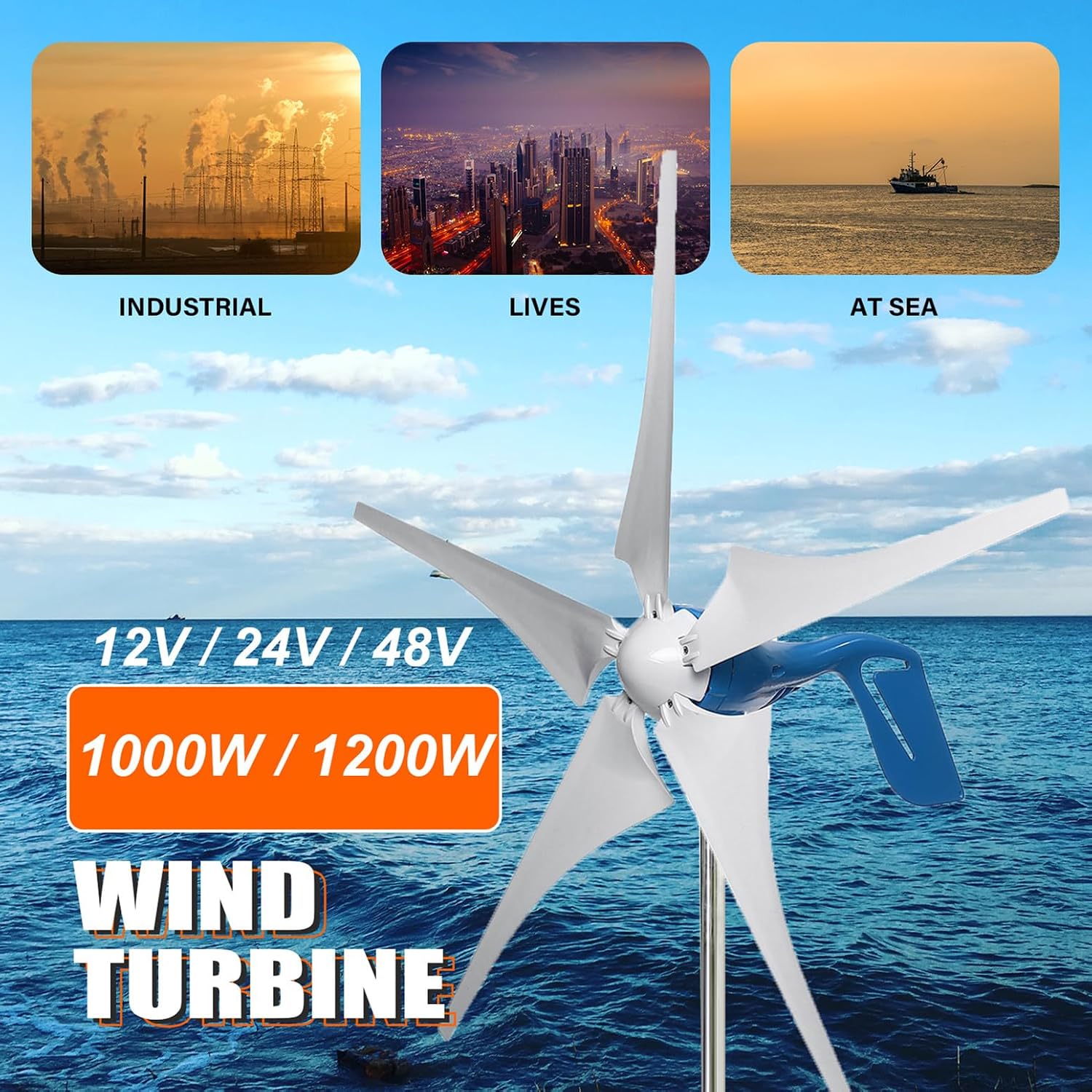 1000W / 1200W Wind Turbine Generator Kit 12V / 24V / 48V Wind Power Generator with 5 Blades and Controller, Pure Copper Coil Windmill Generator for Home, Hybrid Solar Wind System,1200w,12V