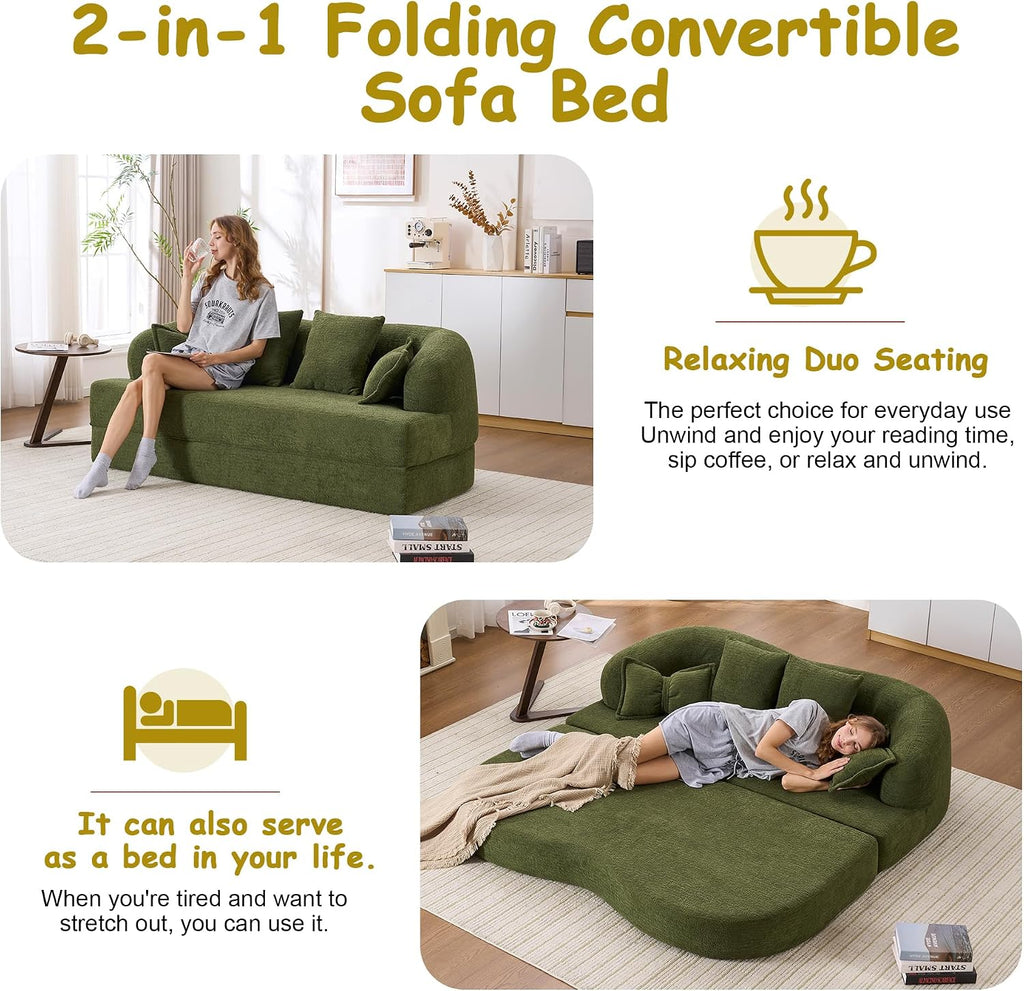 70' Convertible Sofa Bed, 2-in-1 Boneless Sleeper Sofa, Soft Chenille Folding Sofa Loveseat with 4 Pillows, Love Seat Small Couch for Small Spaces, Living Room, Bedroom, No Assembly