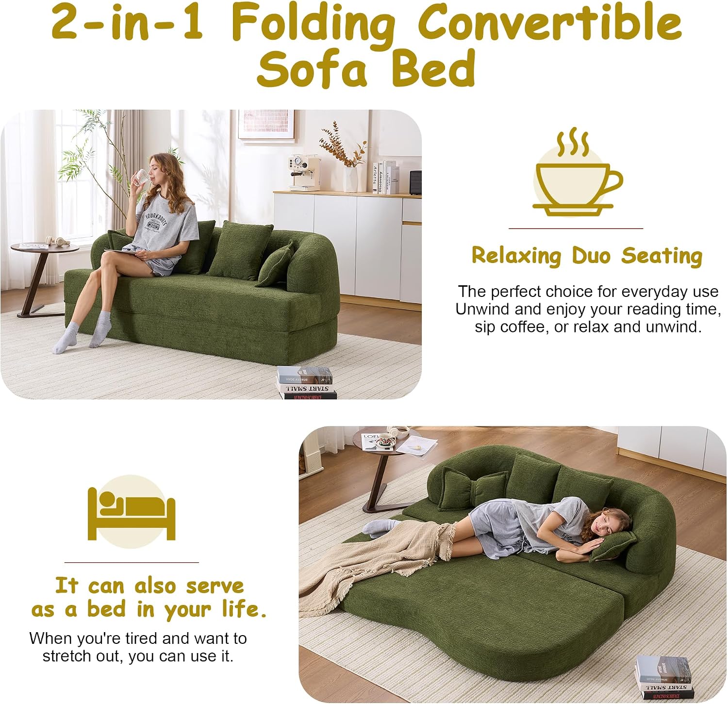 70' Convertible Sofa Bed, 2-in-1 Boneless Sleeper Sofa, Soft Chenille Folding Sofa Loveseat with 4 Pillows, Love Seat Small Couch for Small Spaces, Living Room, Bedroom, No Assembly