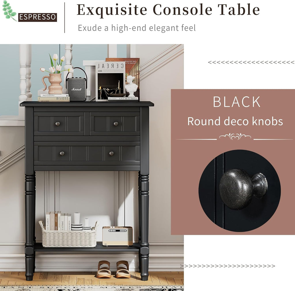 Merax Narrow Console Table, Elegant Slim Entryway Table Sofa Table with Three Storage Drawers and Bottom Shelf for Entryway for Hallway, and Living Room (Black)