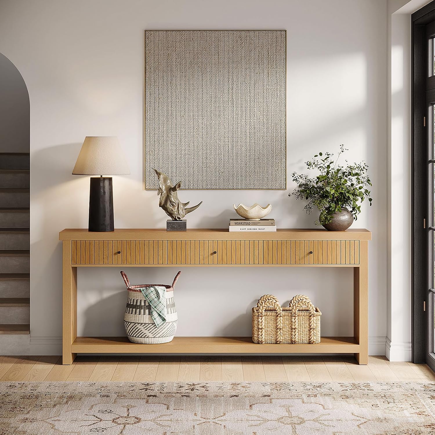 Tribesigns 70.9 inch Extra Long Entryway Table with 3 Drawers, Sofa Console Table with Open Storage Shelves, Oak Color Furniture, Wooden Couch Foyer Tables for Living Room Hallway Entrance