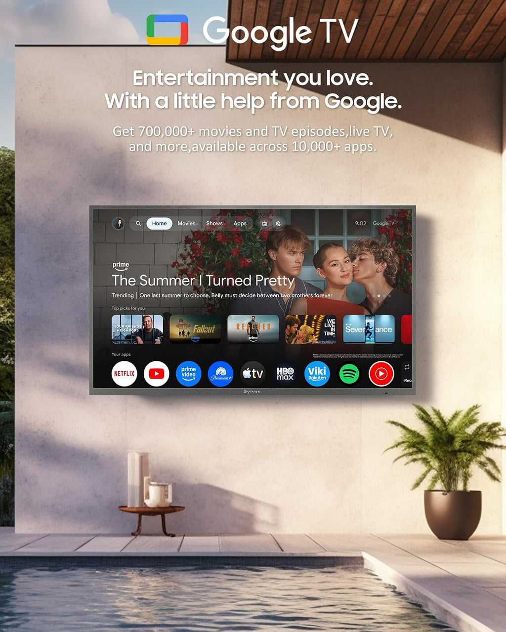 SYLVOX Outdoor TV, 43 inch Full Sun Smart Outdoor TVs, Weatherproof 2000 Nits High Brightness IP56 Waterproof, 4K TV for Outside WiFi Bluetooth Voice Assistant Chromecast (Pool Pro 3.0)