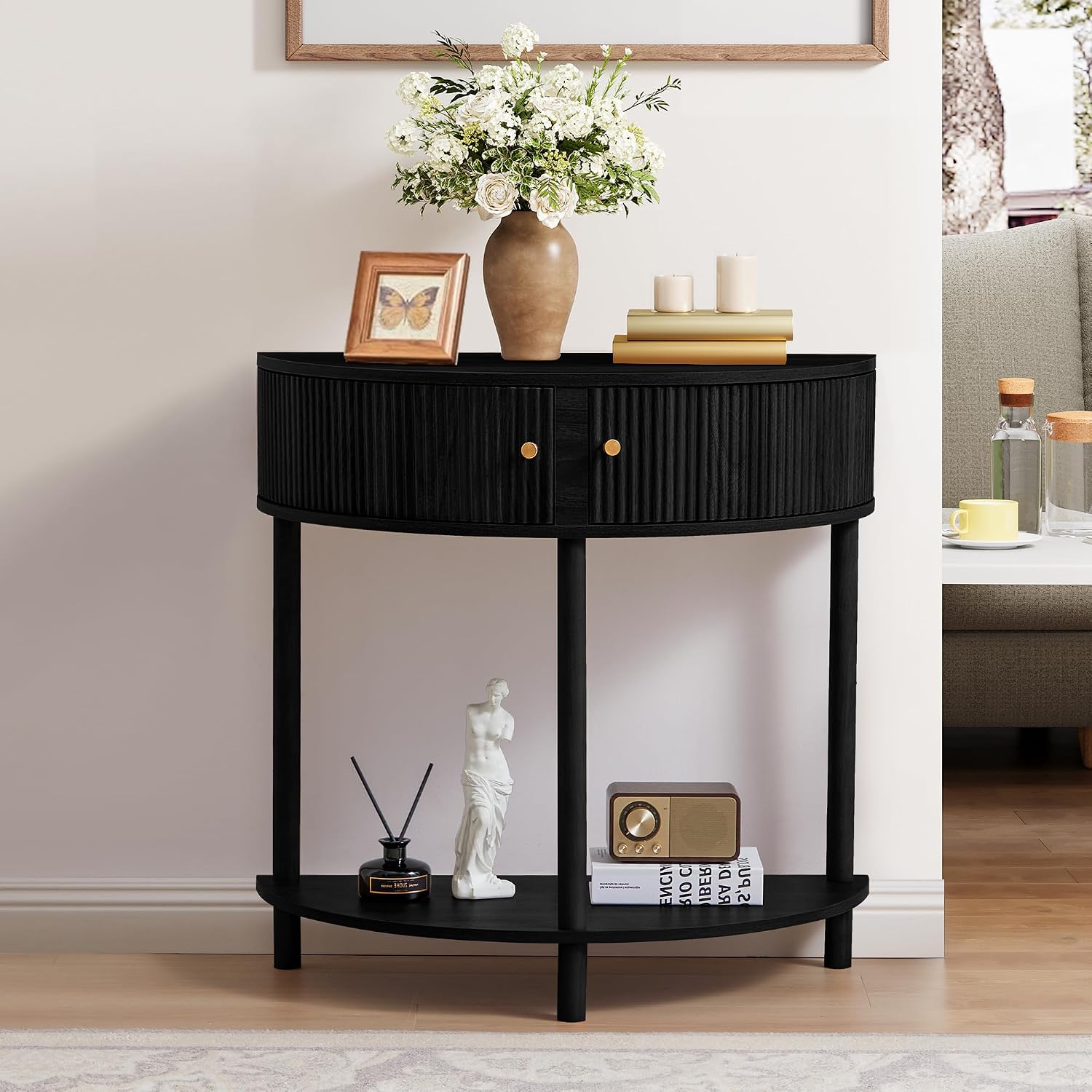 XUZENEST Fluted Half Moon Console Table, Modern Small Entry Table Sofa Table with Storage, Solid Wood Legs Narrow Entryway Table for Living Room, Hallway, Foyer(Black)