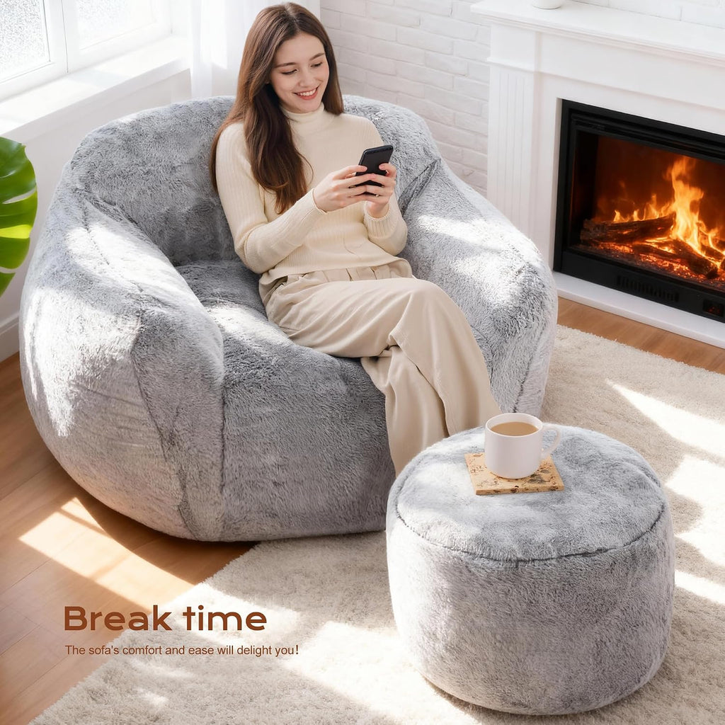 Giant Bean Bag Chair for Adults, Large Memory Foam BeanBag Chairs, Oversized Bean Bag Sofa with Filler, Faux Fur Big Reading Chair Comfy Floor Sofa Chair (Light Grey, Single with Ottoman)