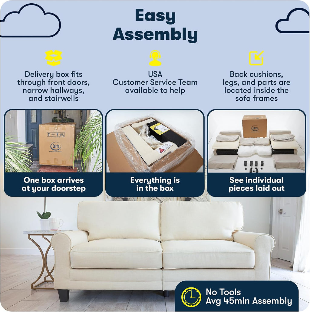Serta Copenhagen 78' Rolled Arm Sofa, Easy Care Polyester, Soft Pillow Back, Pocket Coil Seat Cushions, Removable Covers, Loveseat or Couch for Small Spaces, Living Rooms or Bedrooms, Buckwheat Beige