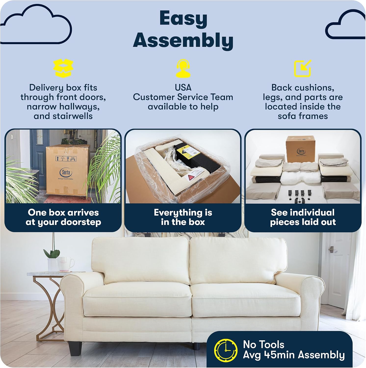 Serta Copenhagen 78' Rolled Arm Sofa, Easy Care Polyester, Soft Pillow Back, Pocket Coil Seat Cushions, Removable Covers, Loveseat or Couch for Small Spaces, Living Rooms or Bedrooms, Buckwheat Beige