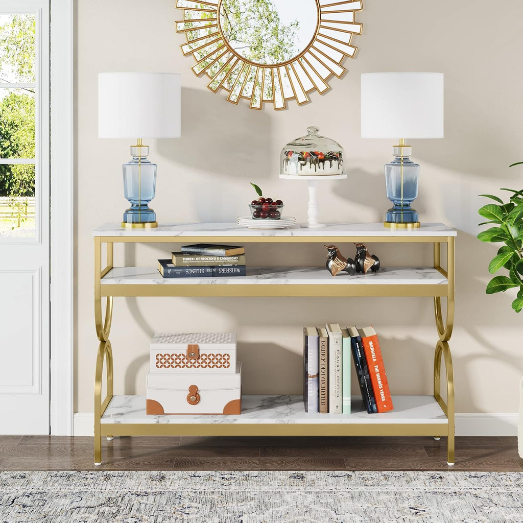 Tribesigns 3-Tier Console Table, 55 inch Sofa Table with Open Storage Shelves, Narrow Long Hallway/Entryway Table with Faux Marble Top for Home Living Room Entryway, White & Gold