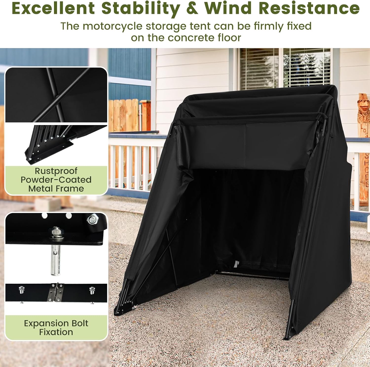 Goplus Motorcycle Shed, Outdoor Motorcycle Storage Shelter with 600D Oxford Fabric Waterproof Cover, 2 Roll-up Side Windows, Expansion Bolts, Heavy Duty Motor Cycle Tent, 136' x 54' x 75'