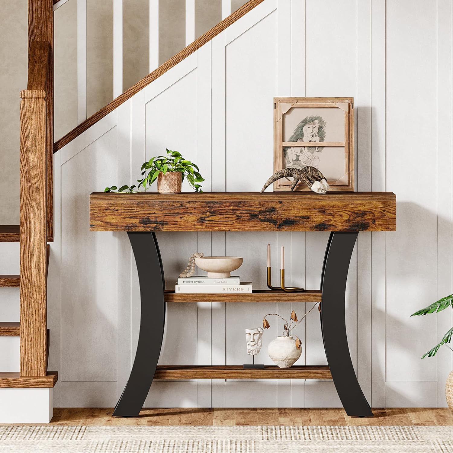 Tribesigns 41' Small Console Table for Entryway, 3-Tier Narrow Rustic Sofa Table with Storage Shelves and Curved Frame for Living Room, Entry, Hallway, Foyer, Rustic Brown