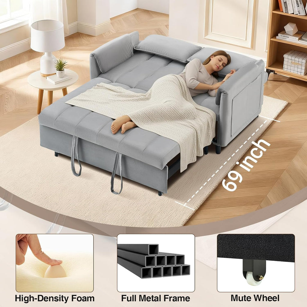 CAPCAEK 3 in 1 Convertible Sleeper Sofa Bed, Modern Velvet Loveseat Pull-Out Couch w/Pullout Bed, Small Love Seat Lounge Sofa w/Reclining Backrest,Toss Pillows, Pockets, for Living Room