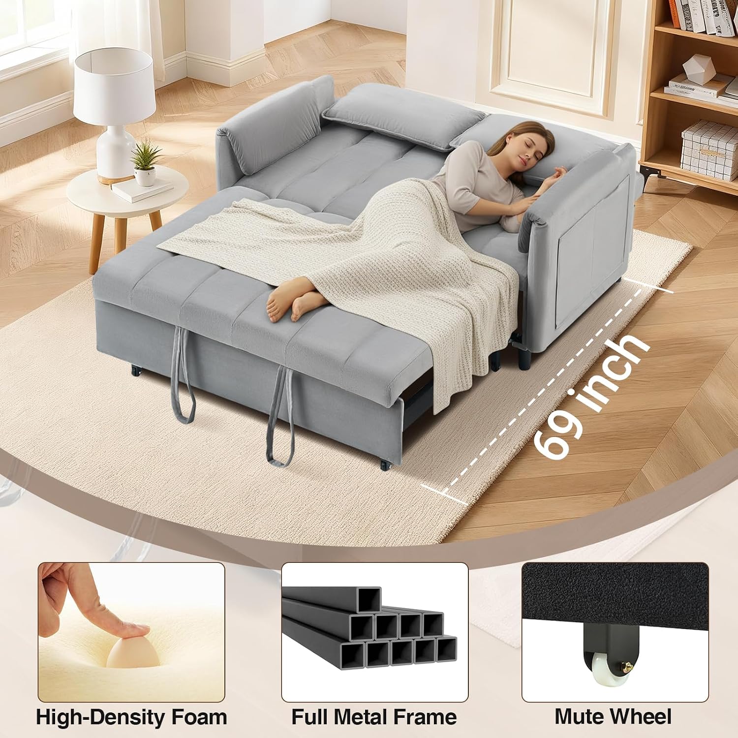 CAPCAEK 3 in 1 Convertible Sleeper Sofa Bed, Modern Velvet Loveseat Pull-Out Couch w/Pullout Bed, Small Love Seat Lounge Sofa w/Reclining Backrest,Toss Pillows, Pockets, for Living Room