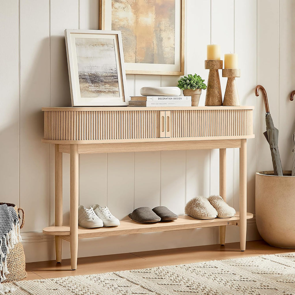 LINSY Fluted Console Table with Storage, Entryway Table Wood Entrance Tables for Front Door, Behind Couch Sofa Table with Shelves, Foyer Tables for Hallways, Living Room Boho Furniture, Light Wood