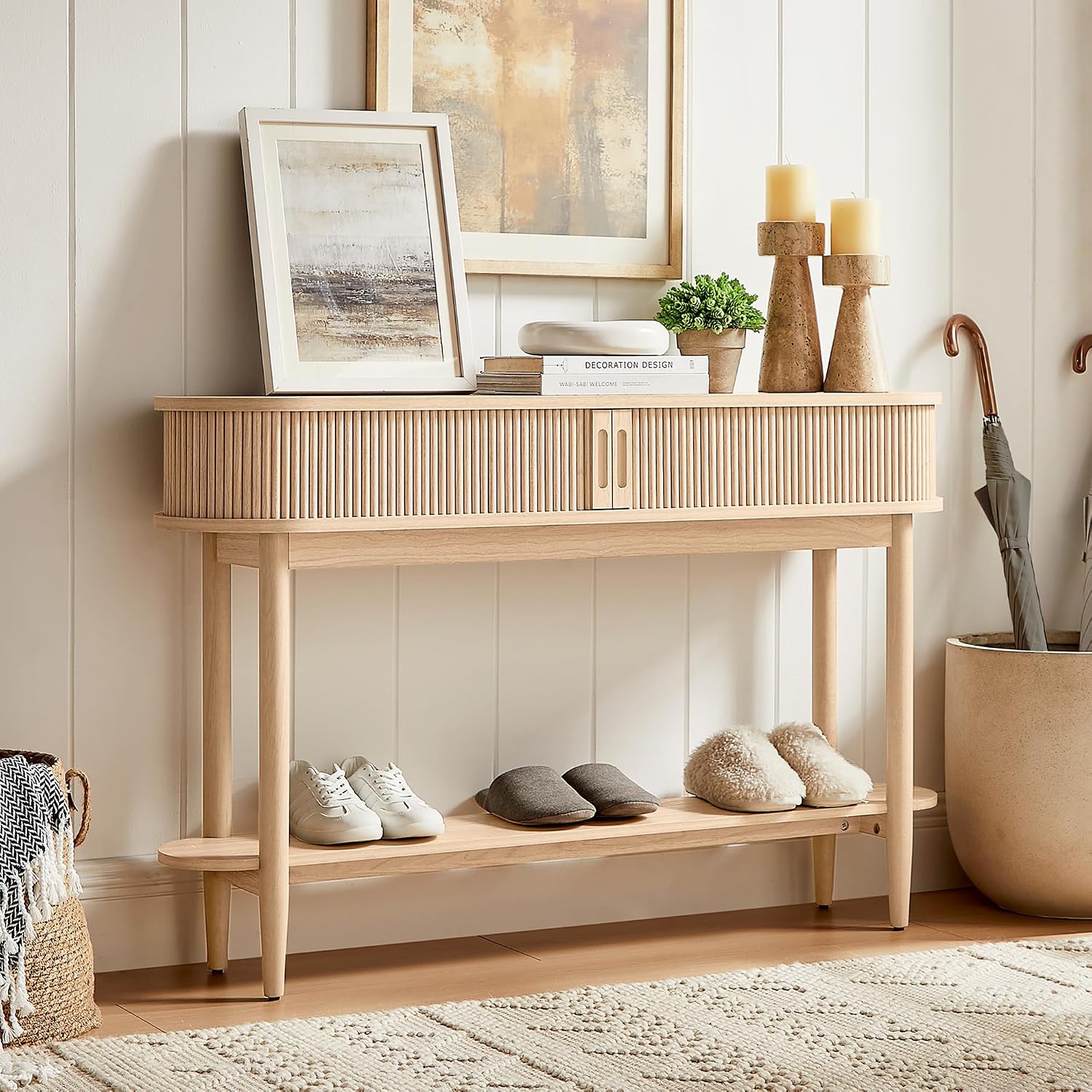 LINSY Fluted Console Table with Storage, Entryway Table Wood Entrance Tables for Front Door, Behind Couch Sofa Table with Shelves, Foyer Tables for Hallways, Living Room Boho Furniture, Light Wood