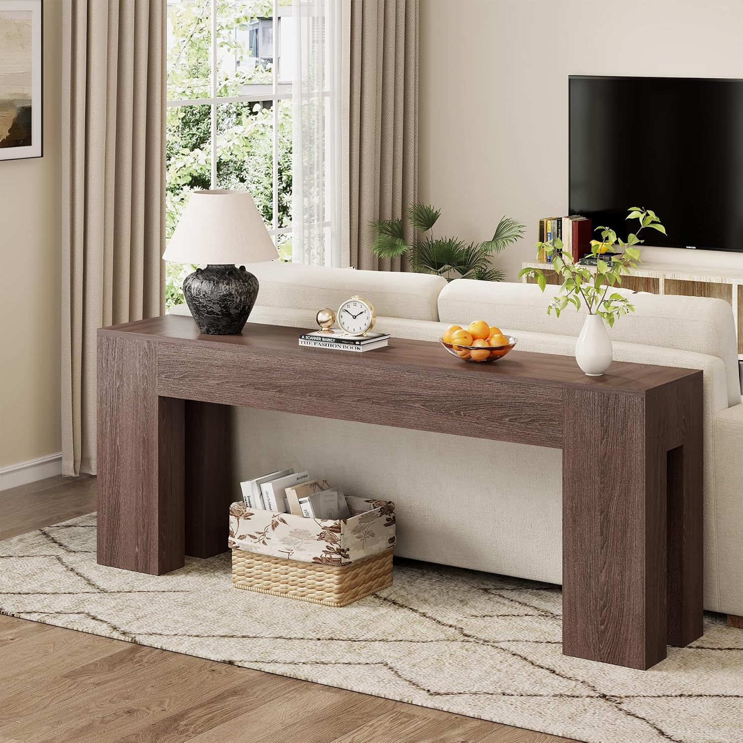 Epecoya Extra Long Sofa Console Table for Entryway Living Room, 79-Inch Farmhouse Wood Behind Couch Table, Rectangular Accent Console with Wooden Double Base for Hallway Foyer Entrance, Light Brown