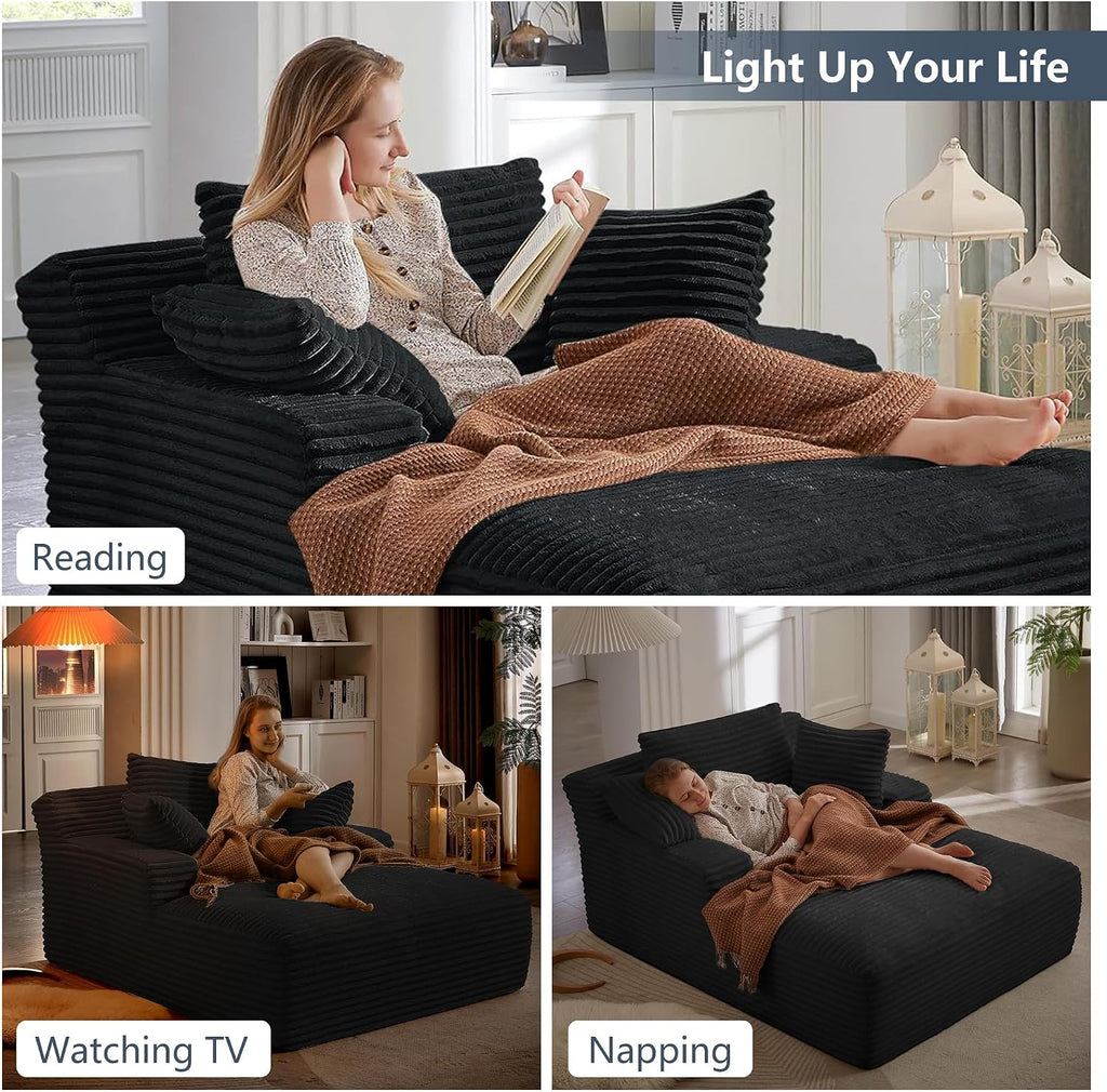 Tmsan 50' Oversized Chaise Lounge Sofa Chair Indoor, Modern Corduroy Sleeper Sofa Cloud Couch with 3 Soft Pillows, Comfy Single Seat Floor Sofa for Living Room Apartment Office, Black