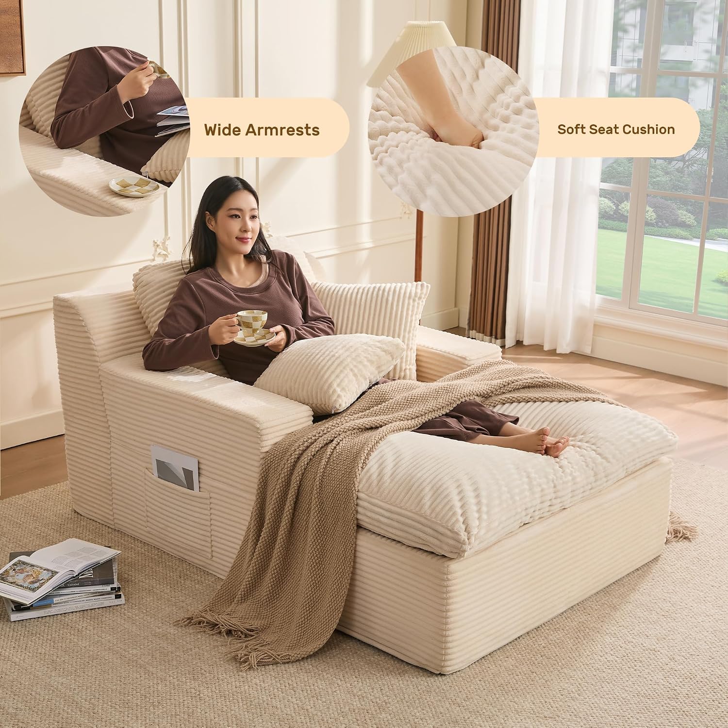 Afuson 63' Chaise Lounge Chair Indoor, Set of Convertible Sleeper Sofa Couch with Throw Pillows & Side Pockets, Corduroy Upholstered Oversized Sofa Bed with Armrests for Living Room Bedroom, Beige