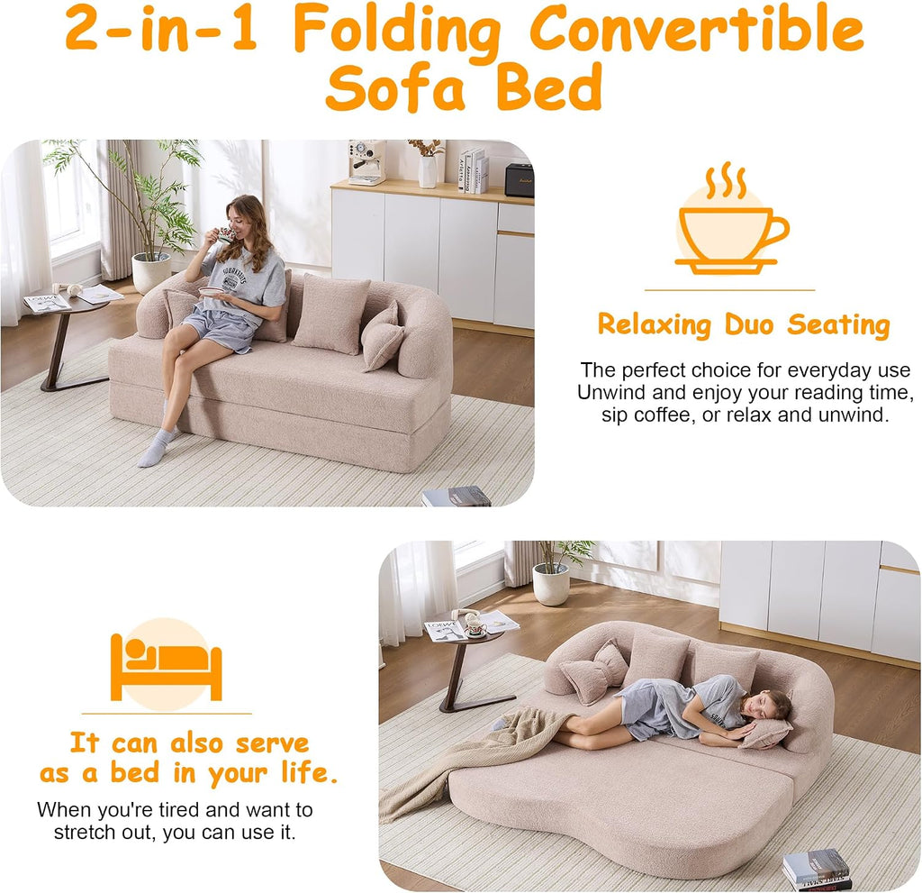 70' Convertible Sofa Bed, 2-in-1 Boneless Sleeper Sofa, Soft Chenille Folding Sofa Loveseat with 4 Pillows, Love Seat Small Couch for Small Spaces, Living Room, Bedroom, No Assembly