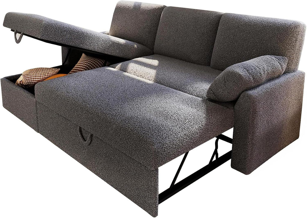 VanAcc Sofa Bed, Sleeper Sofa with Storage Chaise- 2 in 1 Pull Out Couch Living Room, Comfy Sleeper Couch, Grey Boucle