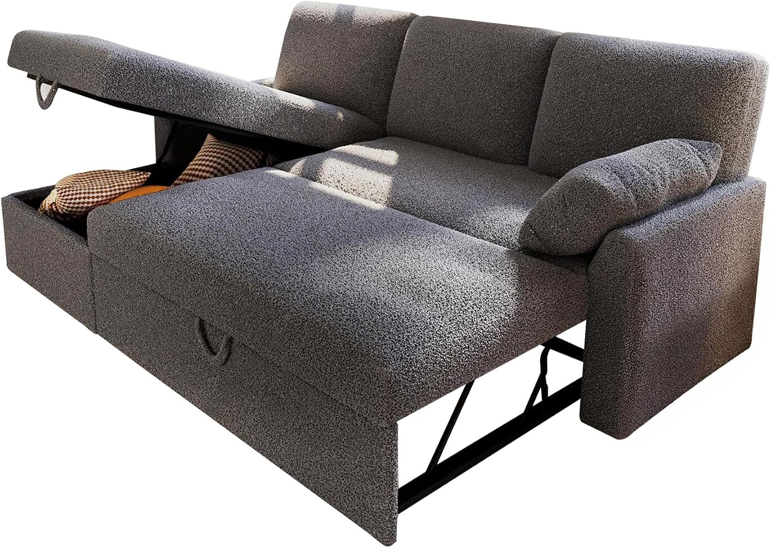 VanAcc Sofa Bed, Sleeper Sofa with Storage Chaise- 2 in 1 Pull Out Couch Living Room, Comfy Sleeper Couch, Grey Boucle