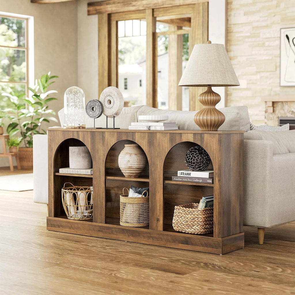 LITTLE TREE 63' Modern Console Sofa Table with 3-Tier Storage, Wooden Rectangular Foyer Table, for Entrance, Hallway, Living Room, Rustic Brown