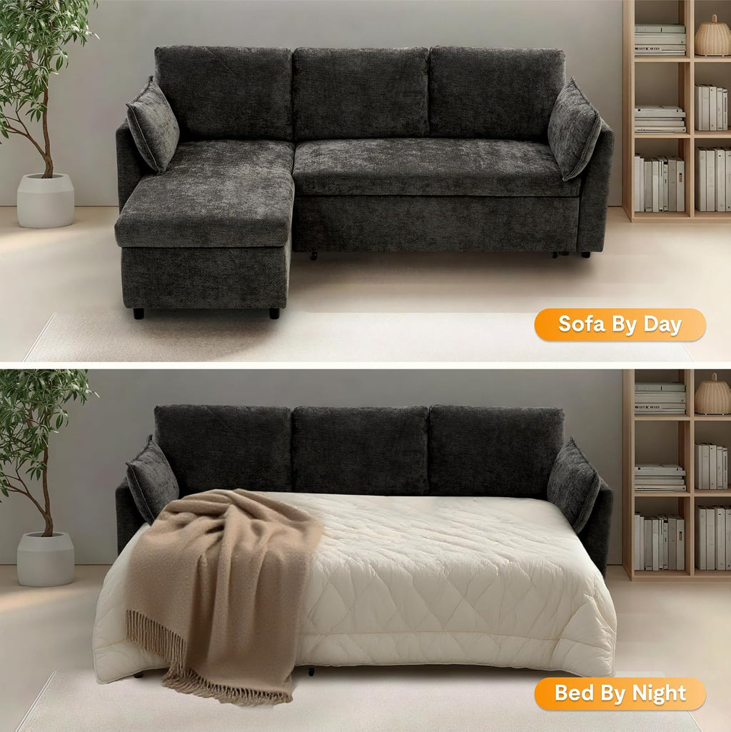 FLEXISPOT XB5 78' Pull Out Couch Bed with Storage Chaise, 2-in-1 Convertible Sofa Bed with USB Charging Ports, 3-Seater Sectional Sofa Couch for Living Room Apartment, Easy to Assemble(Dark Gray)